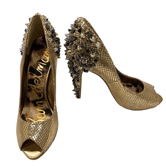 Sam Edelman - Lorrisa model, leather gold studded peep toe stiletto , 8 1/2 M - Picture 2 of 7